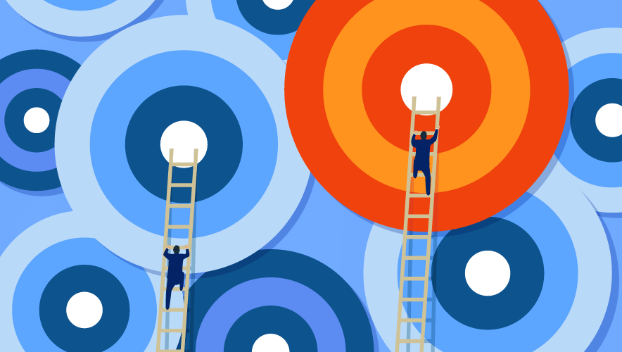 Two suited people climb ladders toward the center of target signs, aiming for a goal