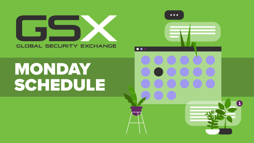 GSX Daily Monday Schedule. Illustration of a calendar with floating messages around it. Potted Plants sit beside the schedule.