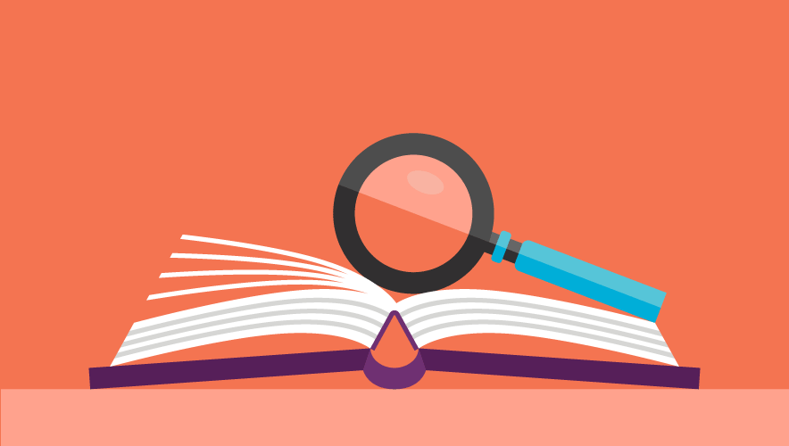 An illustration of an open book, with a magnifying glass resting on top of it. 