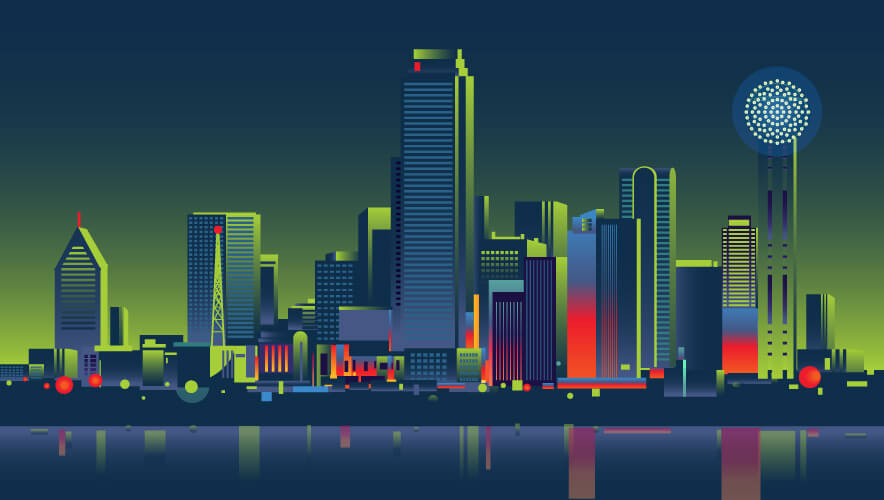 An Illustration of the Dallas, Texas skyline at sunset.