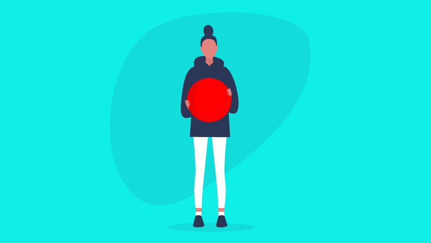 Illustration of a woman standing with a giant red ball in her hands.