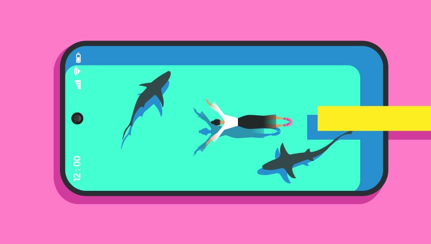 Illustration of female security professional diving into a blue pool in the shape of a smart phone with two sharks circling inside.