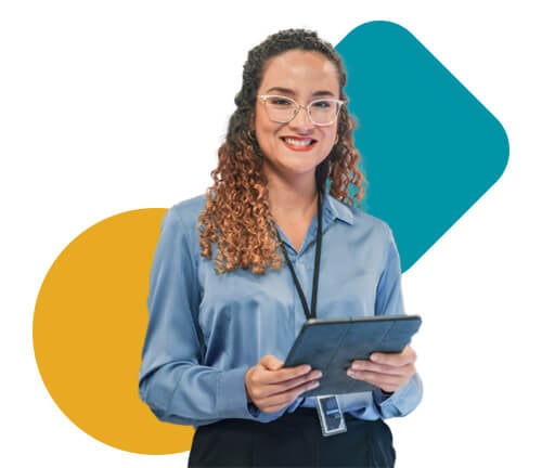 A photo of a woman in an office environment, holding a tablet. Colorful, large shapes are behind her.