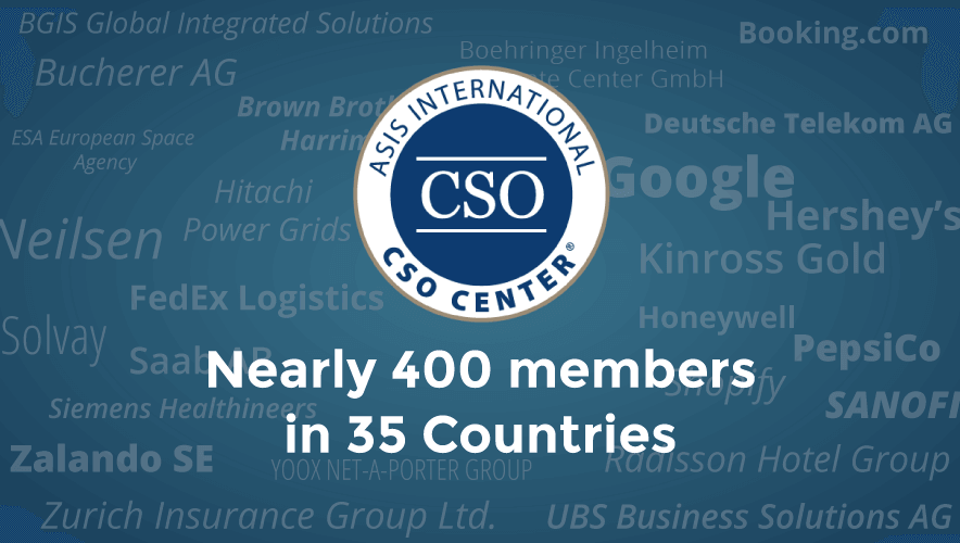 The CSO Center logo is displayed, with numerous company lames listed behind it.  Nearly 400 members in 35 countries.