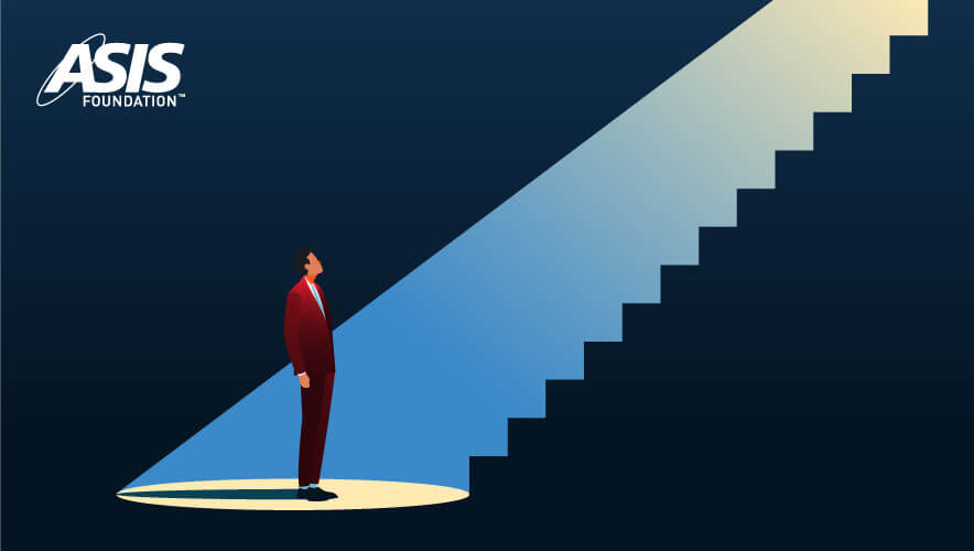 An illustration of a man at the base of a staircase.  A spotlight illuminates him, and the steps before him. 
