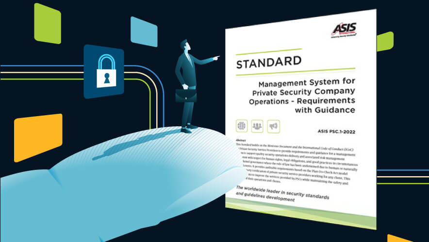 An illustration of a large finger holding a man up while he points at an ASIS Standards & Guidelines book.