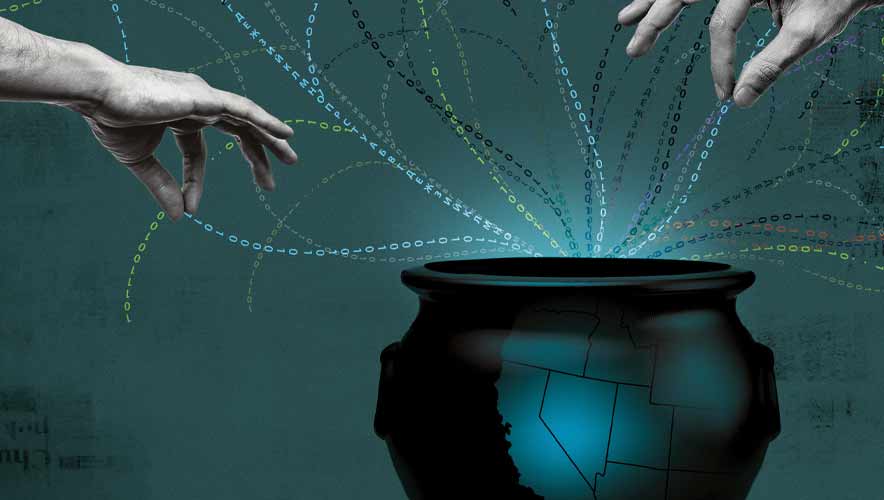 Hands pull strands of binary code from a cauldron that has a reflection of California on it. How do California privacy laws protect its citizen's personal data?