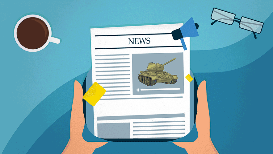 Illustration of a person holding a digital device looking at the latest news. An image of a tank is in the main headline section. 