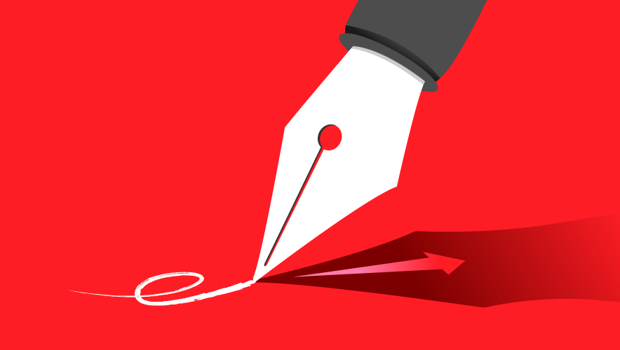 Illustration of a pen scribbling a statement with a red background.