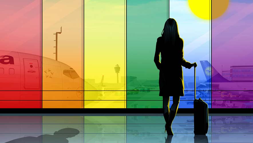 Illustration of a female traveler looking out a large window at an airport. A multi-colored, vertical, rainbow overlay, representing LGBQ+ is reflecting on the window.  