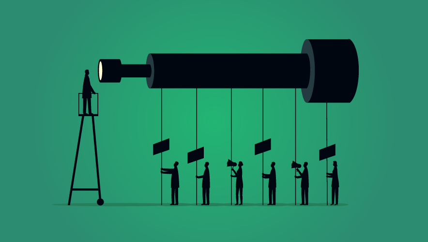 Illustration of a security manager looking through a telescope on a green background. Tethered to the bottom of the telescope are six labor union workers protesting and carry placards, two are yelling through a megaphone toward the security manager.