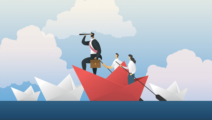 Illustration of a manager holding a telescope  leads his team of security professionals on a red paper boat.  
