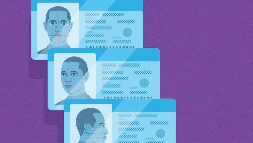 A series of cascading security blue ID cards on a purple background. How has the security clearance process changed?