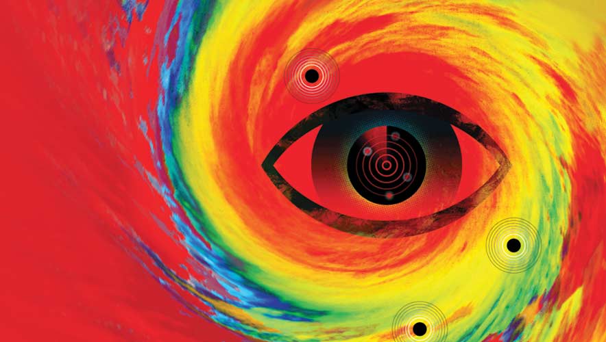 Illustration of a black eye with a radar in the pupil in the middle of a hurricane with red background. Criminals take advantage of distractions like extreme weather.