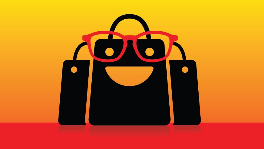 Shopping bag with big red glasses smiling. How can staff be trained in effective customer service and improved memory so they can be effective witnesses for theft?