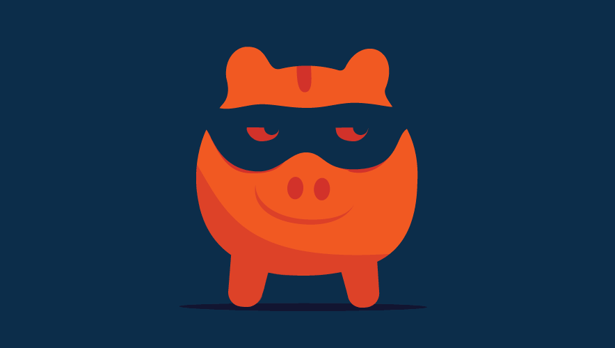 Illustration of an orange cartoon piggy bank on a dark blue background wearing a robber's mask with a nefarious grin on its snout.  