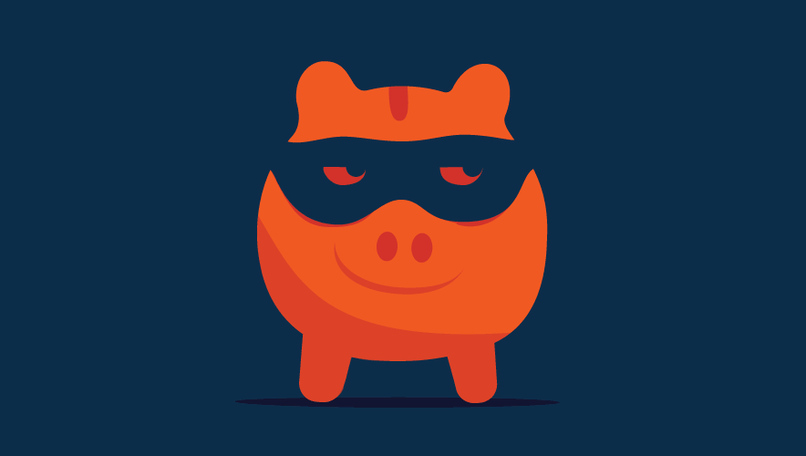 Illustration of an orange cartoon piggy bank on a dark blue background wearing a robber's mask with a nefarious grin on its snout.
