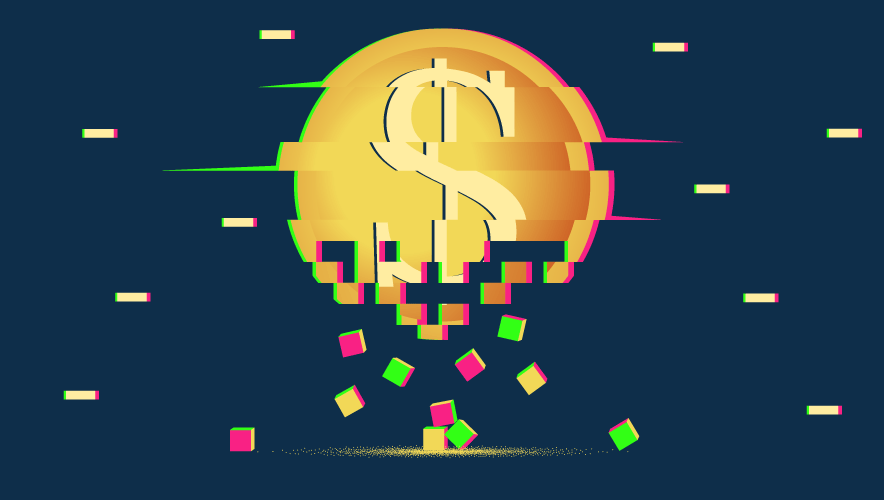 illustration of a single gold crypto coin with a u.s. dolar sign on itstarting to pixilate near the lower portion of the coin, on a dark blue background