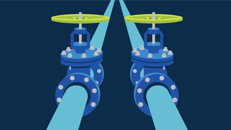 Illustration of blue gas pipelines on a dark blue background disappearing into the distance
