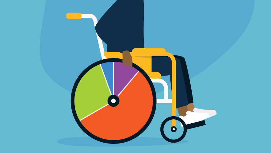 person in a wheelchair; the wheel of the chair is a rotating pie chart