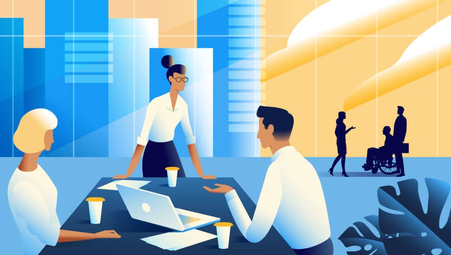 blue and yellow illustration of businesspeople working around a table on a project in front of a cityscape