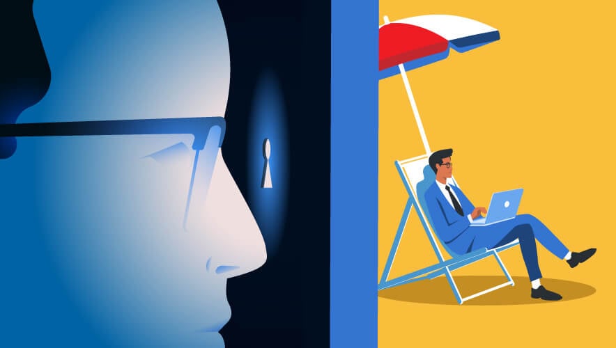 an illustration of a man wearing glasses peering through a keyhole at a businessperson in a lounge chair under a beach umbrella