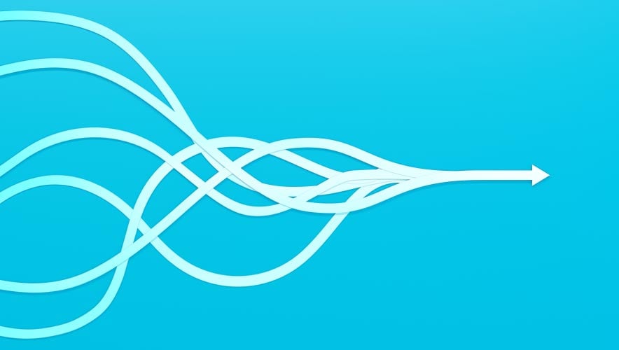 Illustration of multiple wayward lines converging into a single arrow with a clear direction forward