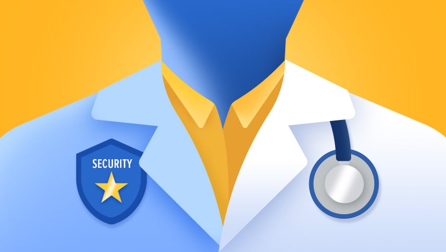A figure wearing half a doctor's uniform with stethoscope and half security guard uniform with badge