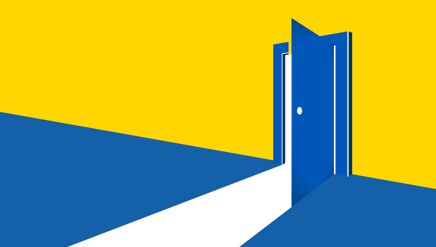 Illustration created with the colors of Ukrainian flag of a door opening with a light shining through it representing opportunity. 