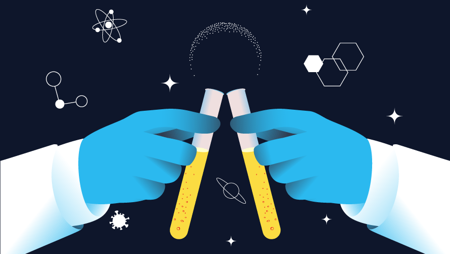 Illustration of two gloved hands, toasting test tubes.