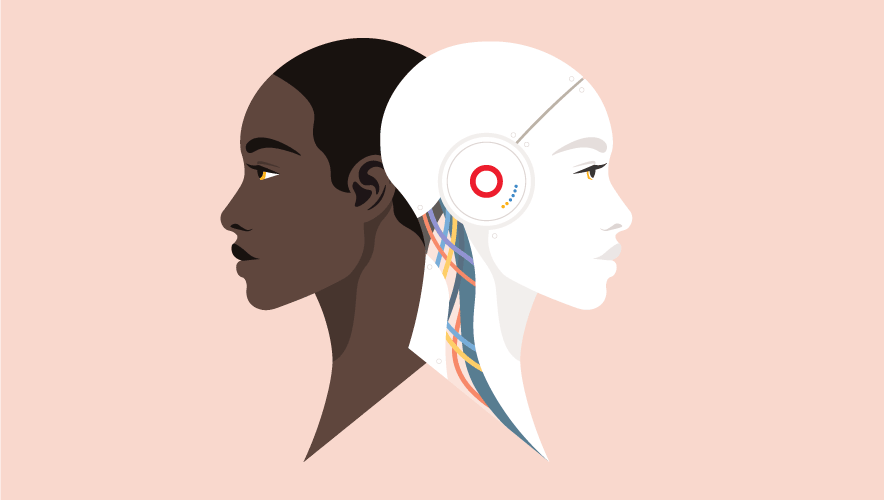 An centered illustration of a woman's face and an android version of herself, looking in opposite directions. Their heads overlap slightly, with the robotic components of the android's neck showing through.