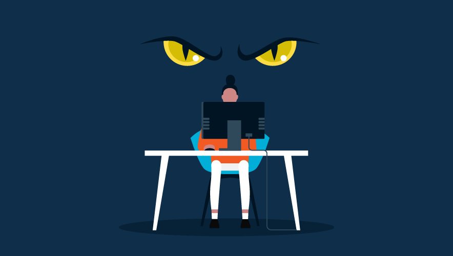 Illustration of a woman sitting on a laptop. Large reptilian eyes stare out from behind her.