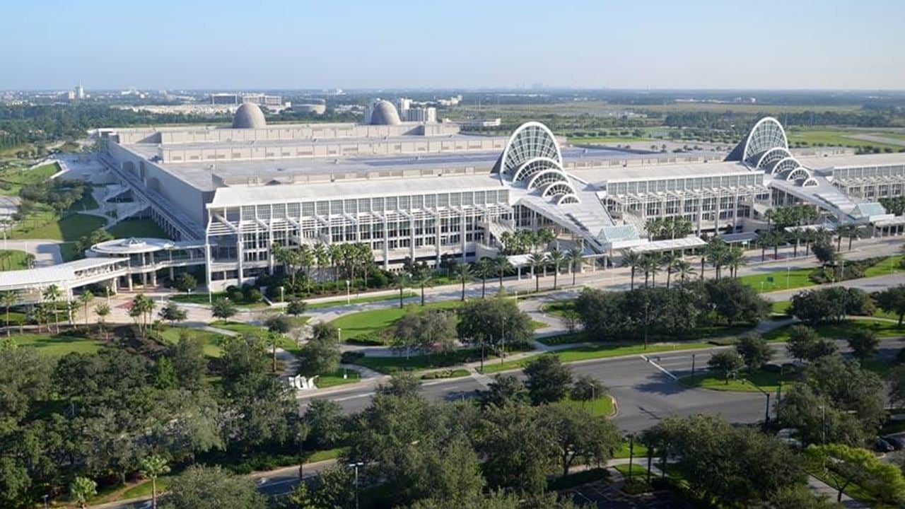 An elevated view of the exterior of the Orange County Convention Center in Orlando, Florida.