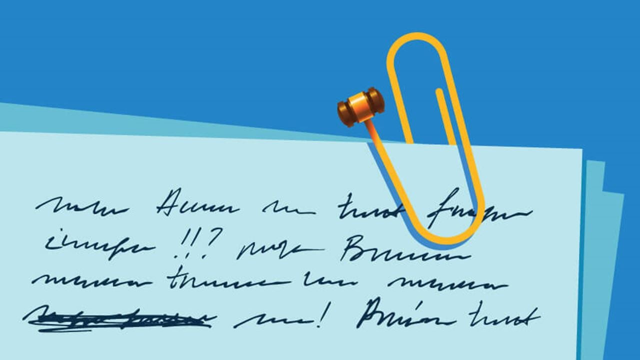 Illustration of legal papers being held together by a paperclip that transforms into a judge's gavel