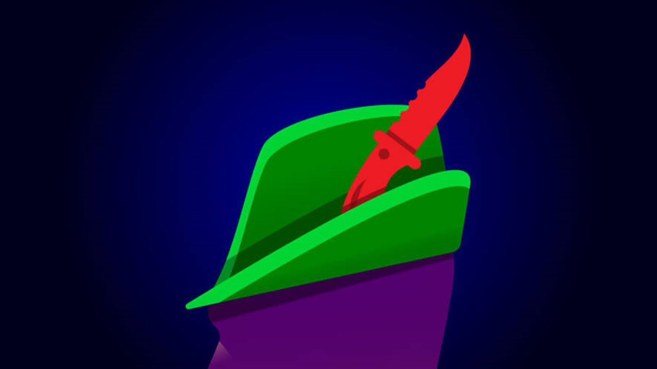 Illustration of a robin hood cap but with a red knife sticking out instead of a feather