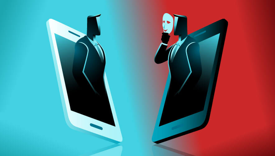 illustration of two figures in two smartphones facing each other, with one figure masked, showing he is an imposter or a deepfake
