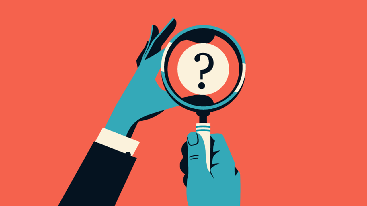 Illustration of hand holding a question mark under a magnifying glass.