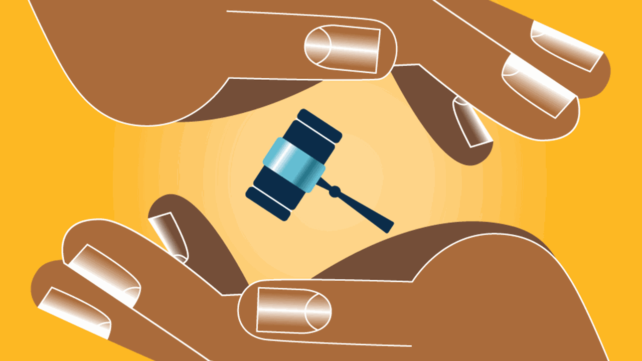 Illustration of two hands cupping a floating judge's gavel