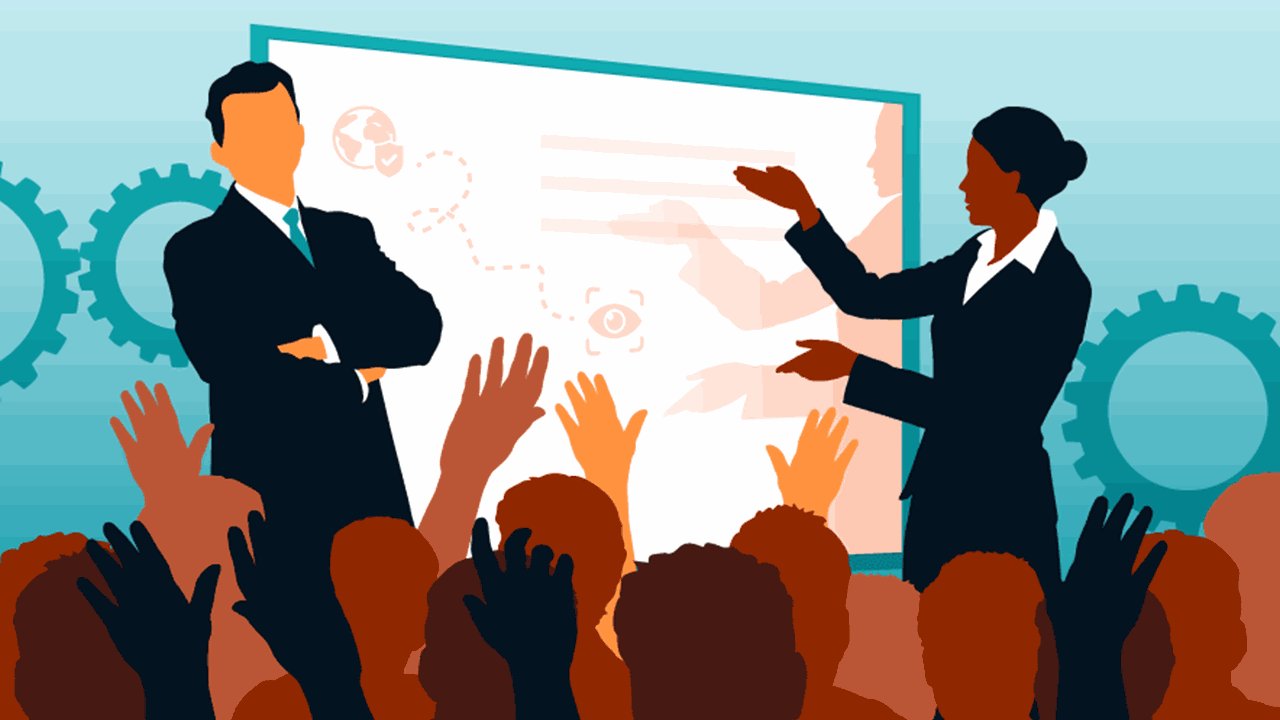Illustration of two businesspeople instructing a group of professionals using a whiteboard and engaging conversations