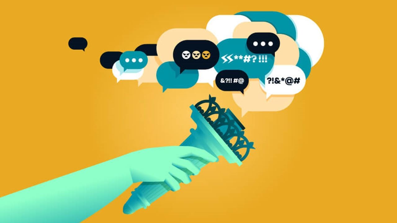 Illustration of the statue of liberty's hand, with her torch trailing a flame of speech bubbles, emojis, and exclamation marks