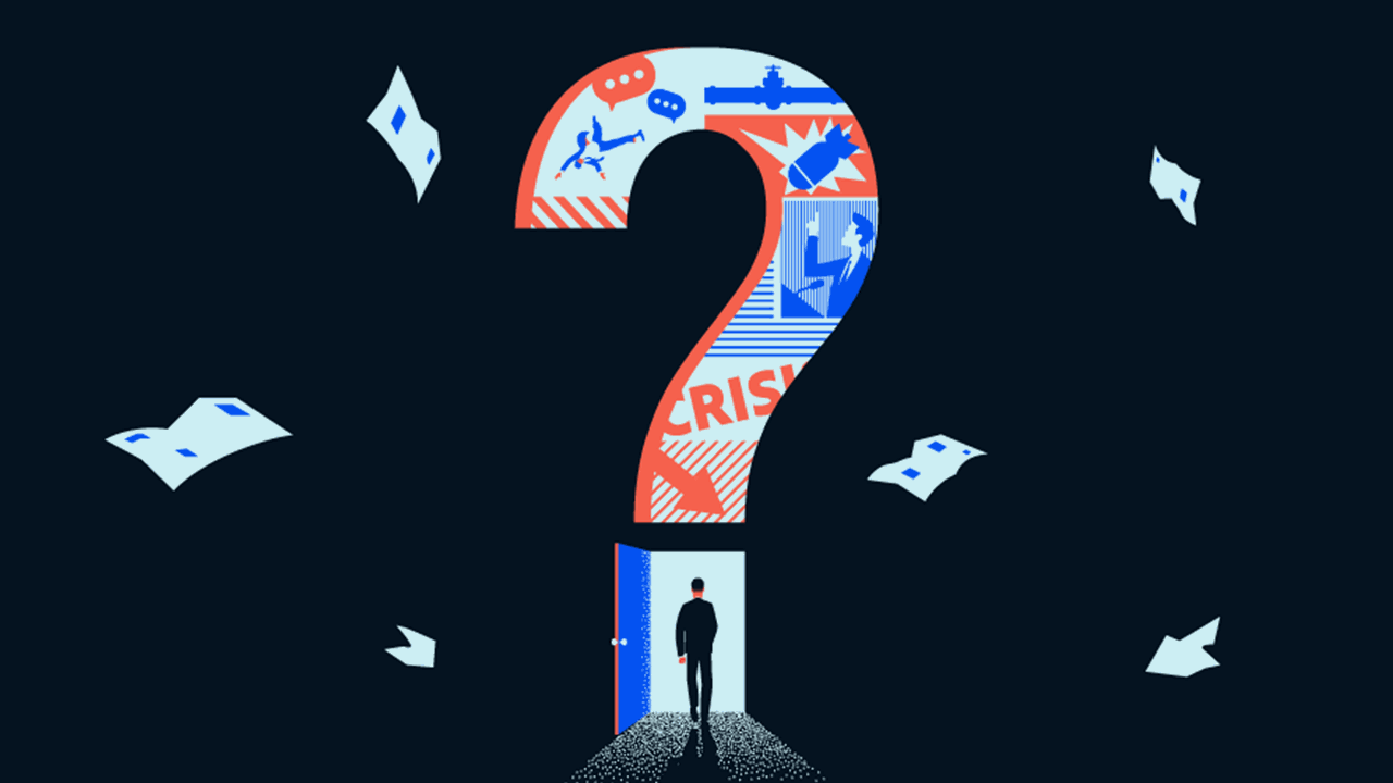 Illustration of a large question mark filled with alarming headlines and political symbols. A man in a suit walks through a door in the dot of the question mark