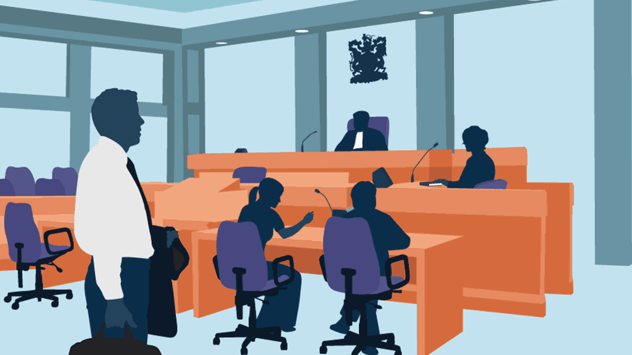 Illustration of silhouettes in a courtroom with a judge and attorneys