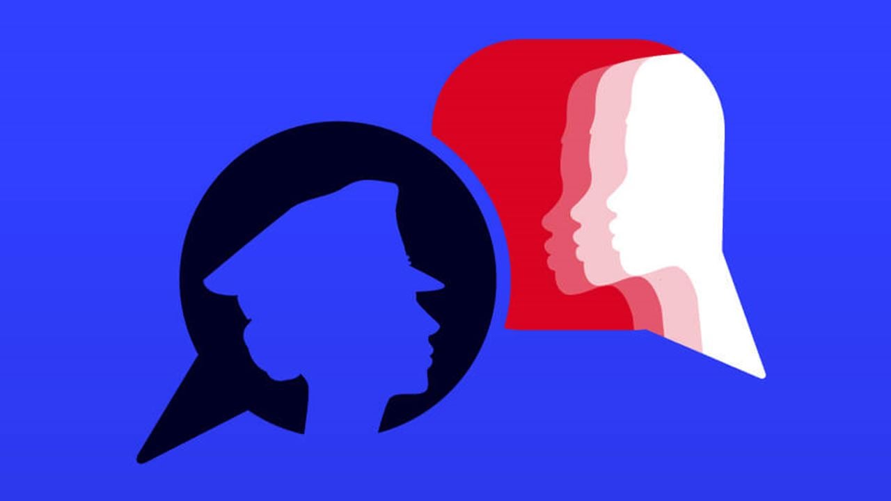 Illustration of two female silhouetted faces in speech bubbles, one silhouette is wearing a police hat