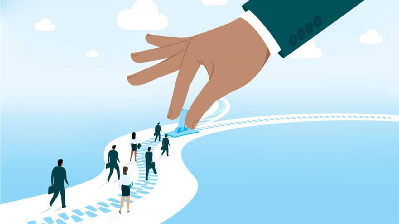 Illustration of a giant hand zipping together a pathway for new business employees to move forward