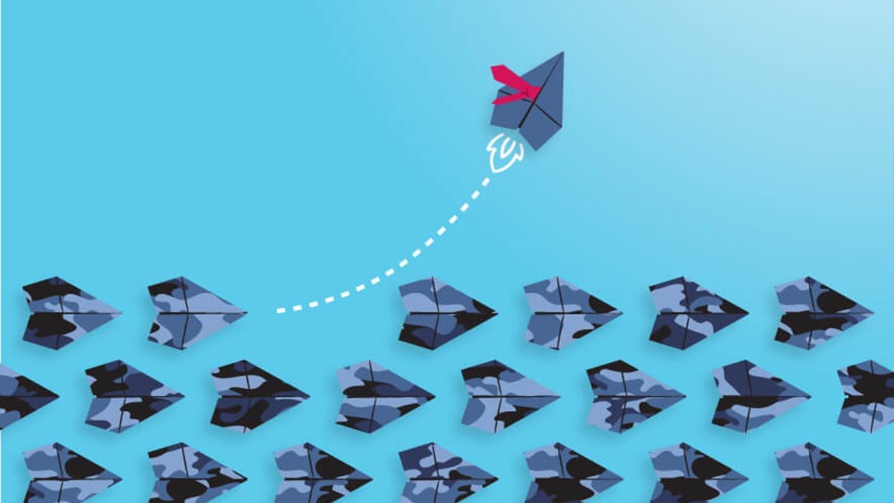 Illustration of a business themed paper airplane charting a different course than a flock of camouflage themed airplanes