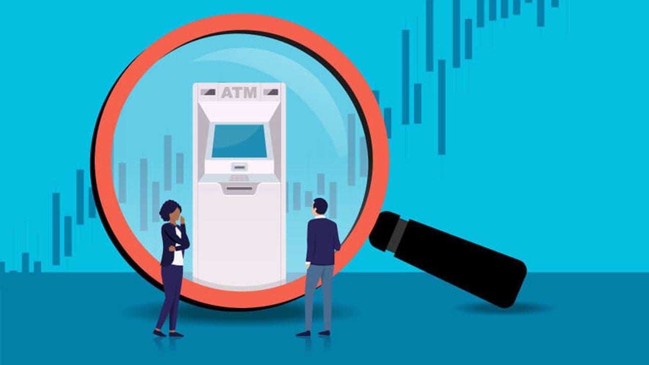 Illustration of a man and a woman looking at an ATM through a large magnifying glass