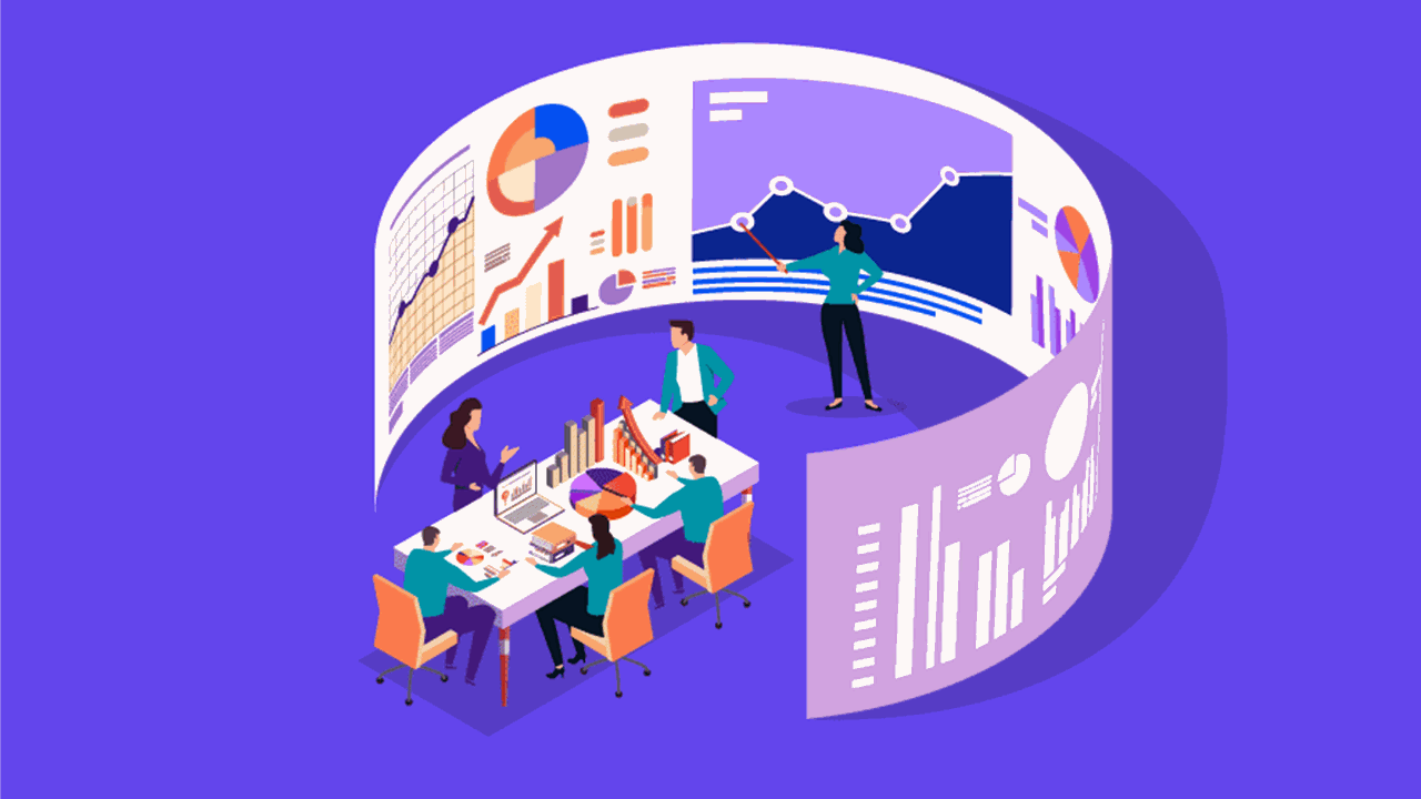 Illustration of a group of businesspeople looking at data, intelligence, and statistics to make better decisions