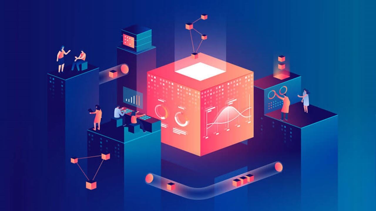 Illustration of glowing cubes and business people representing the interconnected skills and technology in a security operations center