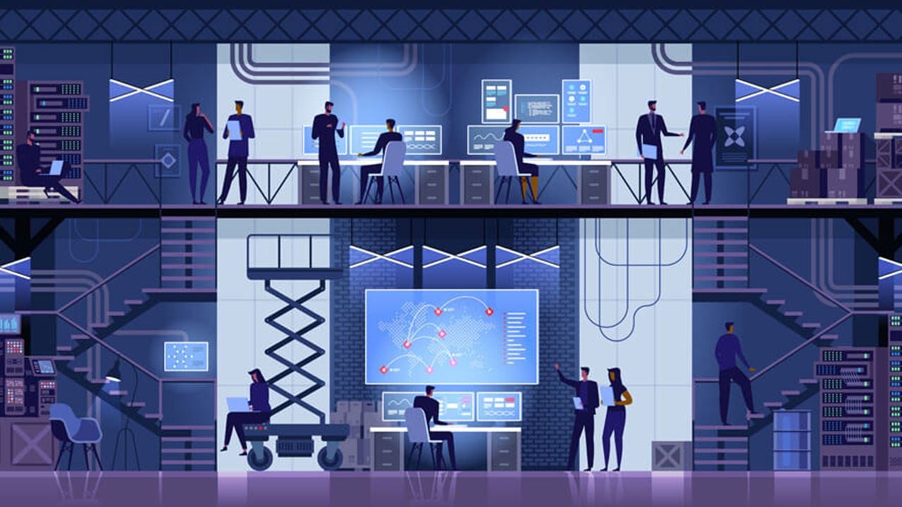 Illustration of a two-level security operations center under construction with video walls and data center equipment