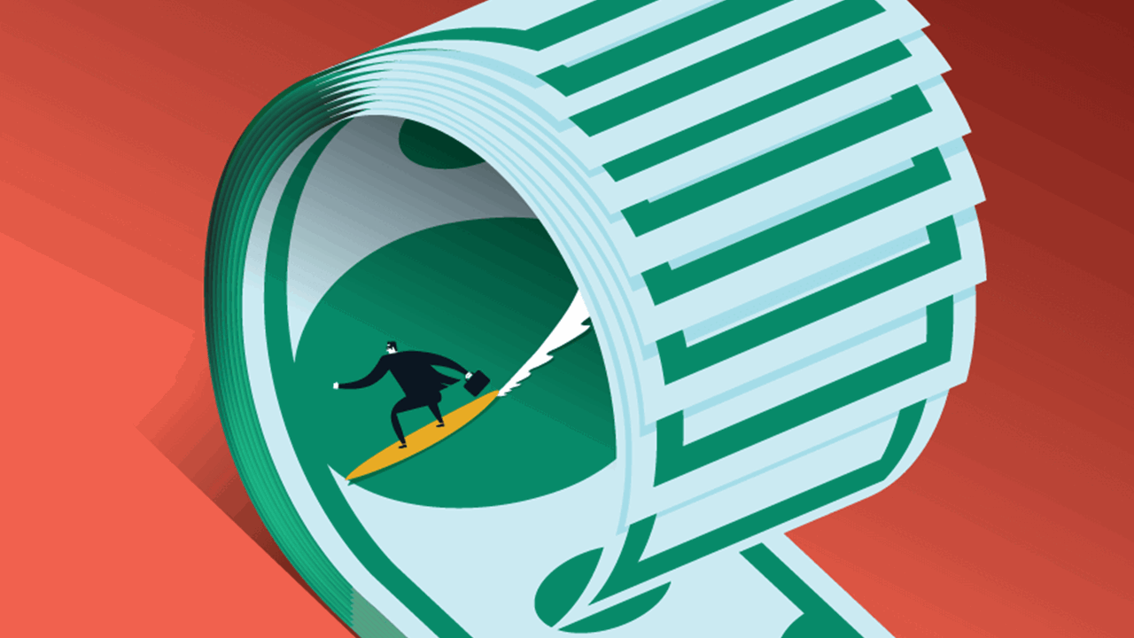 Illustration of a burglar surfing on a wave of money